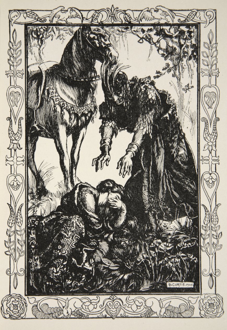 Palamides dök upp framför henne, illustration från "Stories of King Arthur and the Round Table" av Beatrice Clay av Dora Curtis