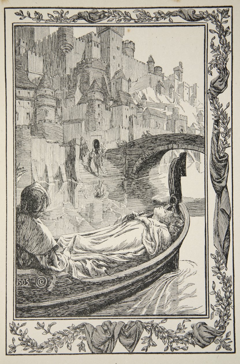 Pråmen flöt nerför floden, illustration från "Stories of King Arthur and the Round Table" av Beatrice Clay av Dora Curtis