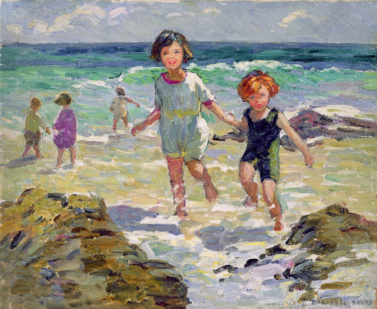 Barn som paddlar (olja på duk) av Dorothea Sharp