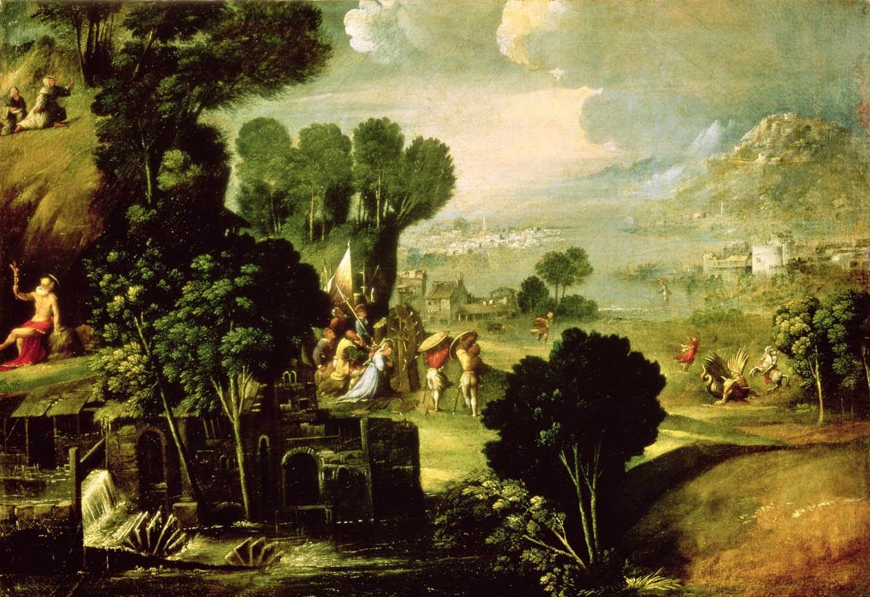 Landskab med helgener, 1520-30swed av Dosso Dossi