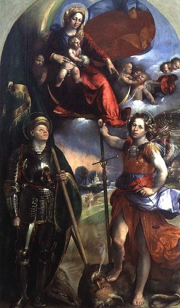 Madonna och barn med St. George och St. Michael av Dosso Dossi