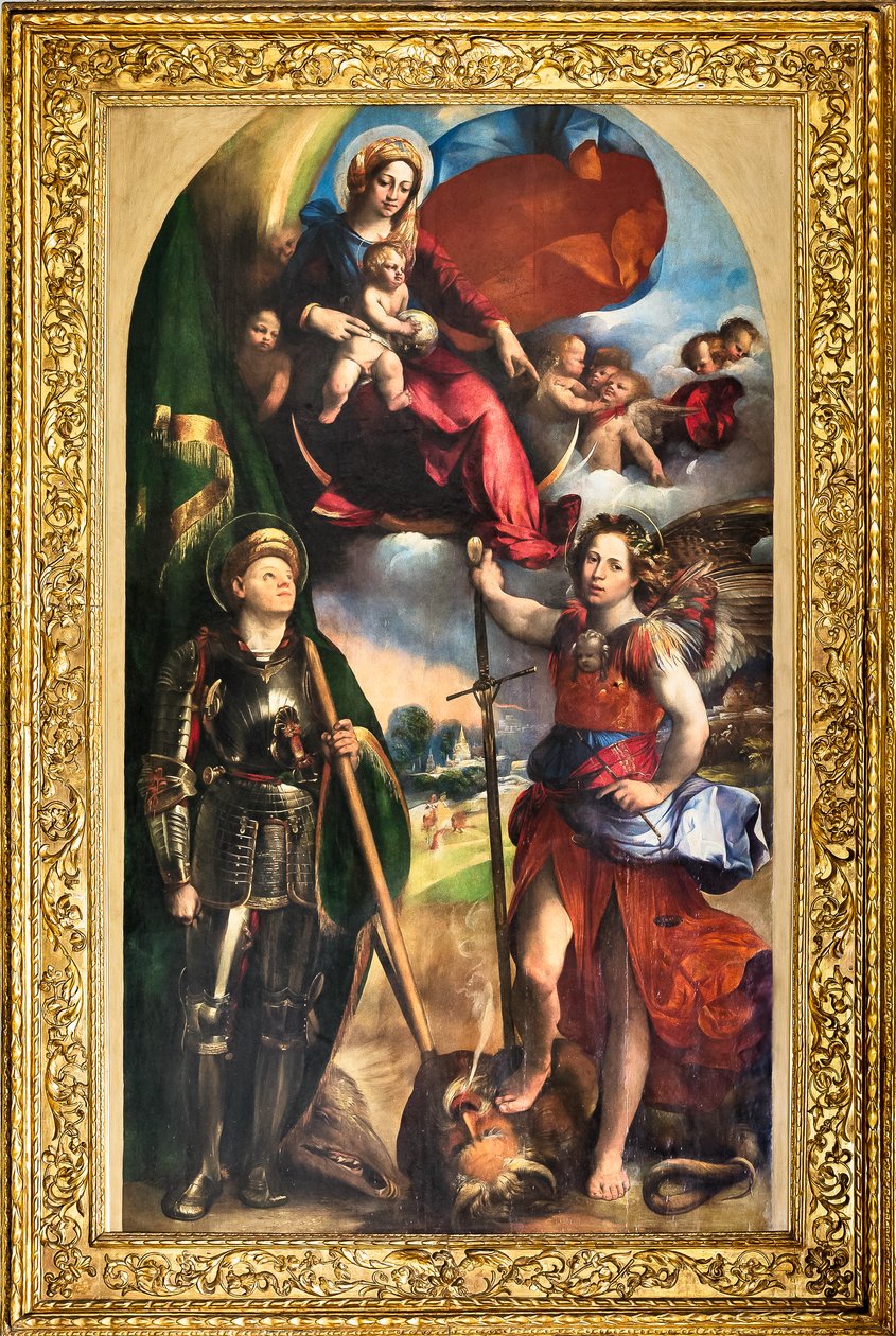 Madonna med Jesusbarnet och St George och St Michael ärkeängel, ca 1518 (olja på panel) av Dosso Dossi