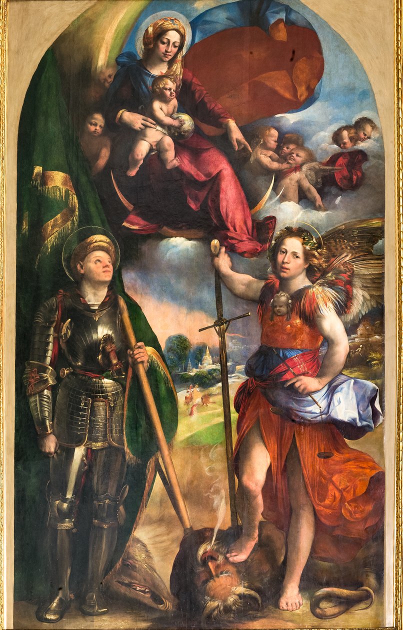 Madonna med Jesusbarnet och St George och St Michael ärkeängel, ca 1518 (olja på panel) av Dosso Dossi