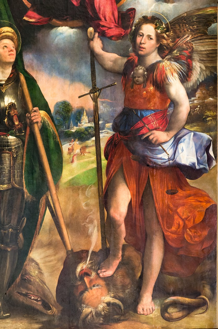 Madonna med Jesusbarnet och St. George och St. Michael ärkeängel, detalj av 2384617, c.1518 (olja på panel) av Dosso Dossi
