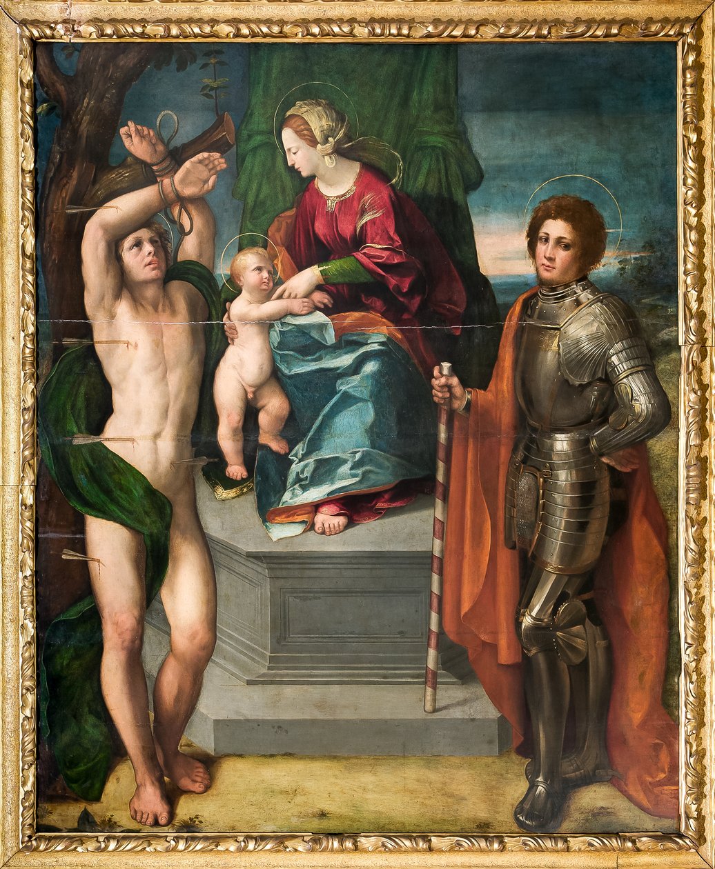 Madonna med Jesusbarnet och St Sebastian och St George, detalj av Dosso Dossi