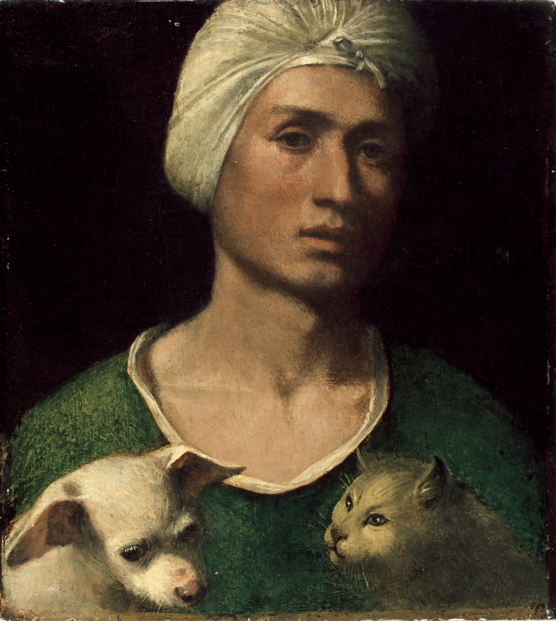 Porträtt av en ung man som håller en hund och en katt, c1530-talet av Dosso Dossi