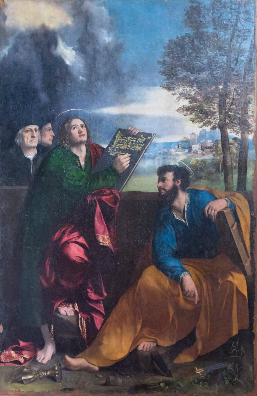 Sankt Johannes evangelisten och Sankt Bartolomeus med Pontichino della Sale och en medlem av hans familj av Dosso Dossi
