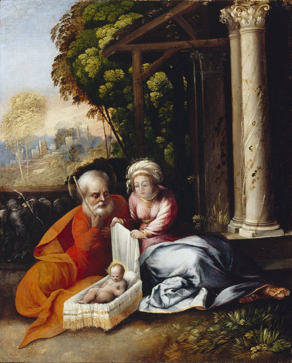Den heliga familjen, ca 1516 (olja på träpanel) av Dosso Dossi