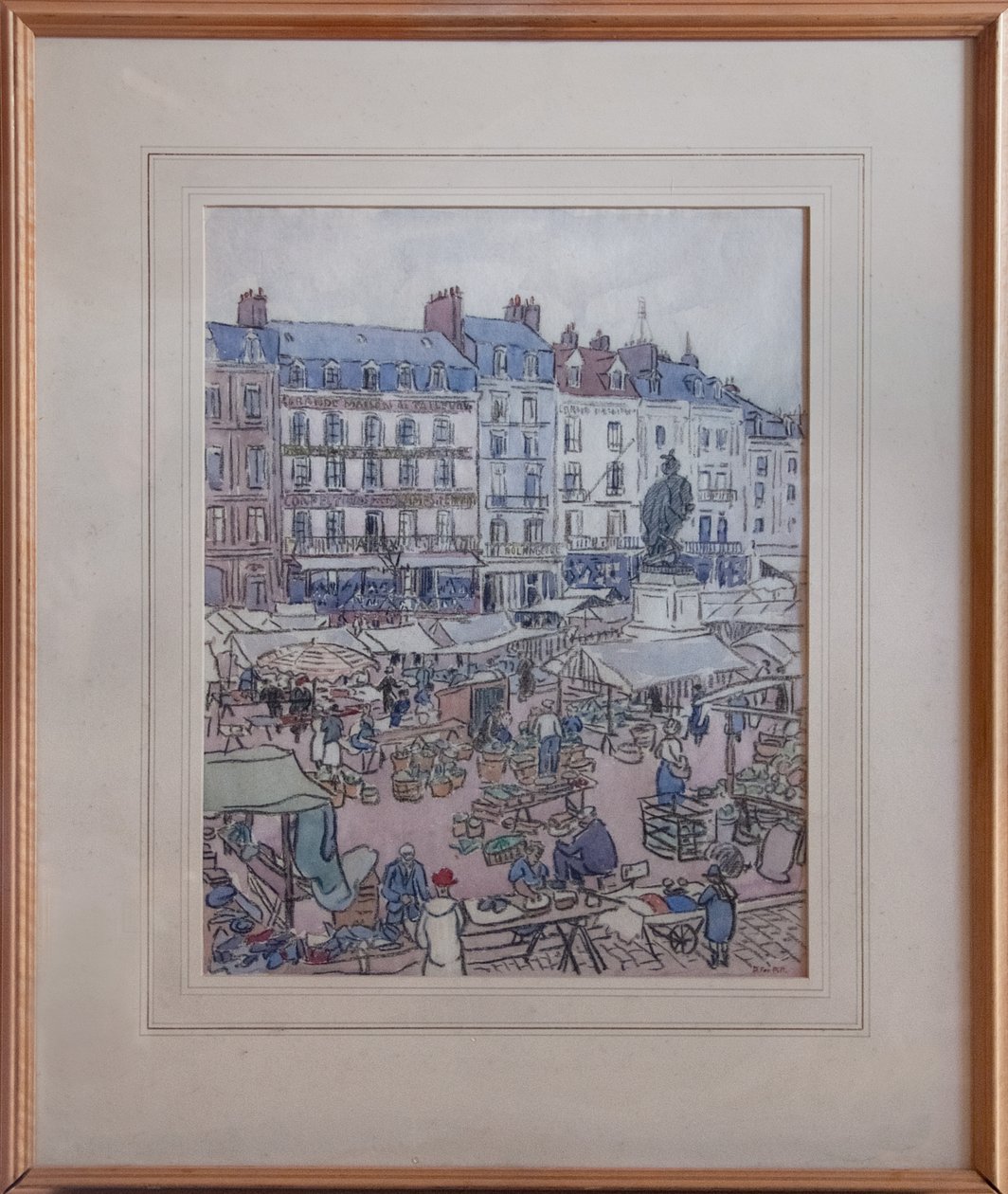 Marknadsdag i Dieppe, ca 1910 (svart krita och wc på papper) av Douglas Fox Pitt