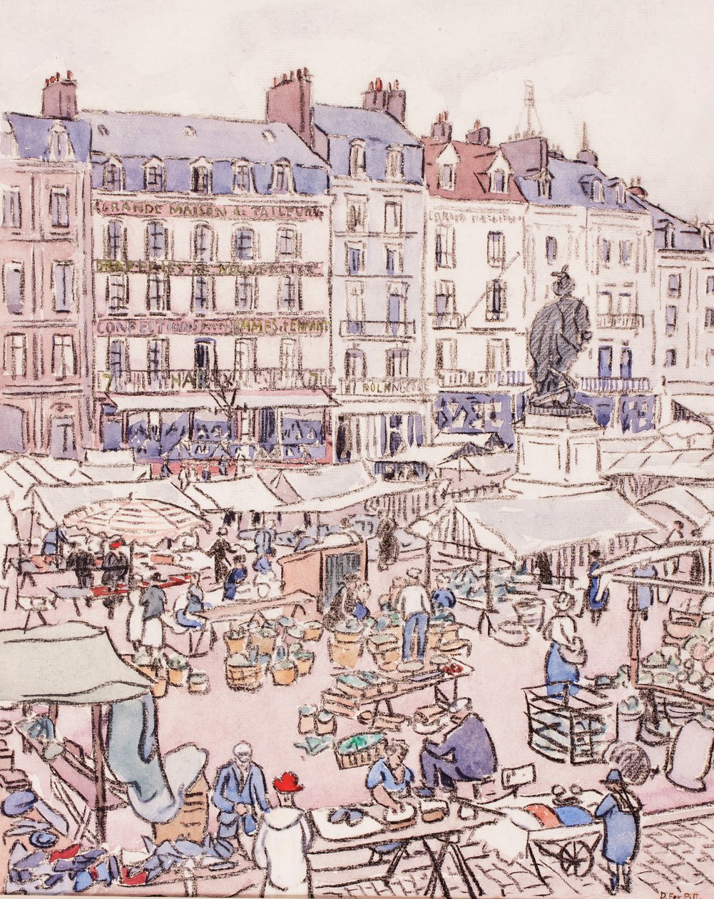 Place Nationale, Dieppe, ca 1910 (krita och wc på papper) av Douglas Fox Pitt