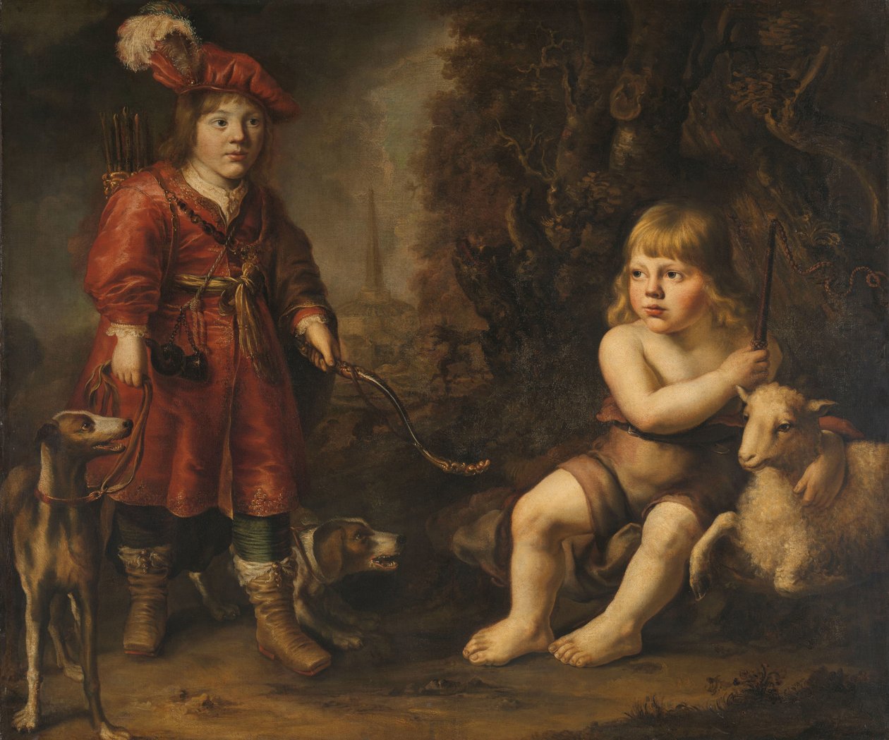 Porträtt av två pojkar i ett landskap, den ena klädd som en jägare, den andra St som Johannes Döparen av Douwe Juwes de Dowe