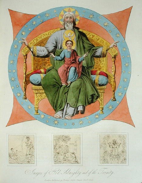 Bilder av Gud den Allsmäktige och Treenigheten från antagandetskatedralen i Moskva, tavla 14 från "The Character of the Russians and a Detailed History of Moscow", publicerad 1823 (akvatint i färg). av Dr. Robert Lyall