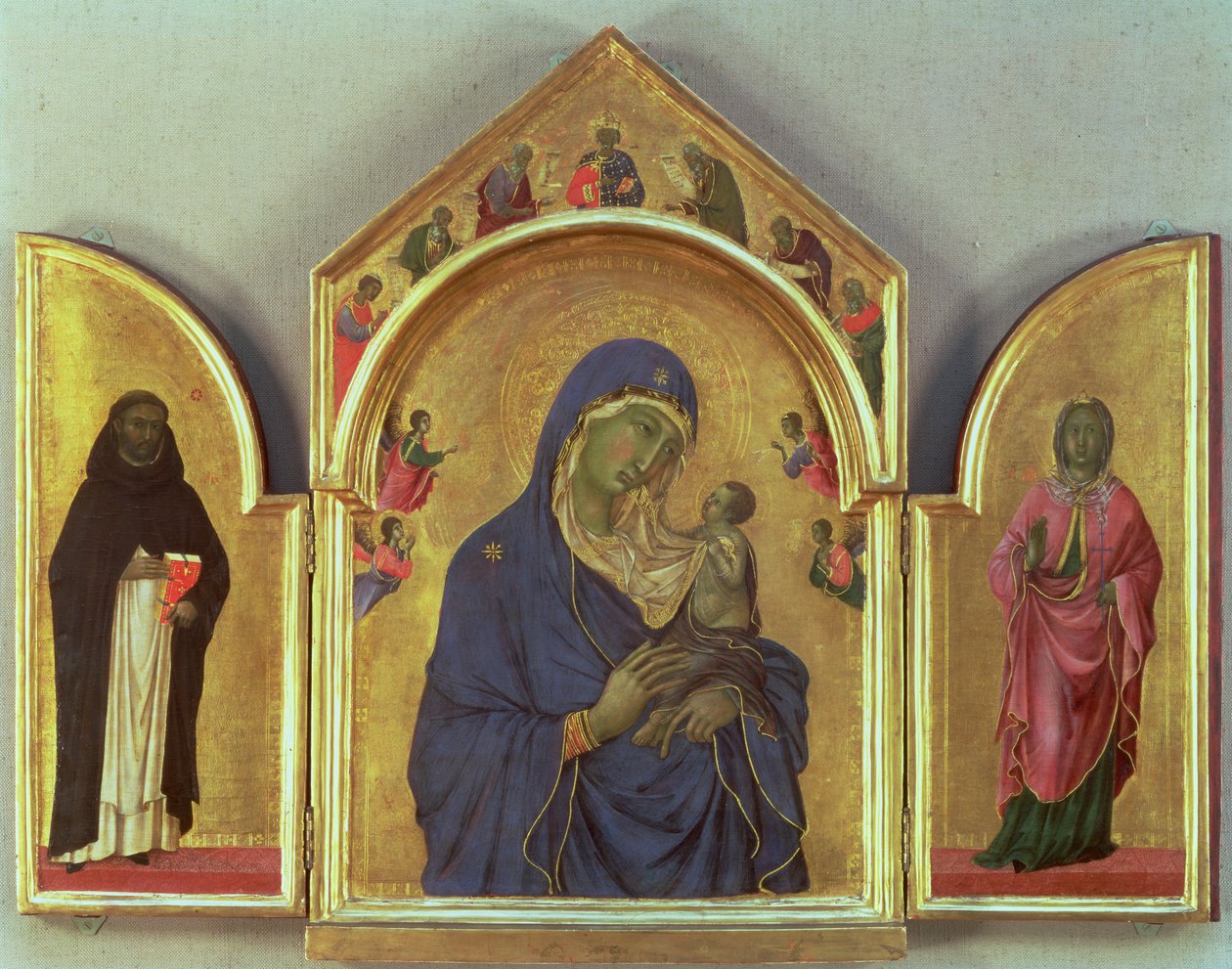 Madonna och barn med SS. Dominic och Aurea, ca 1315 (tempera på panel) (för detaljer se 26161) av Duccio di Buoninsegna