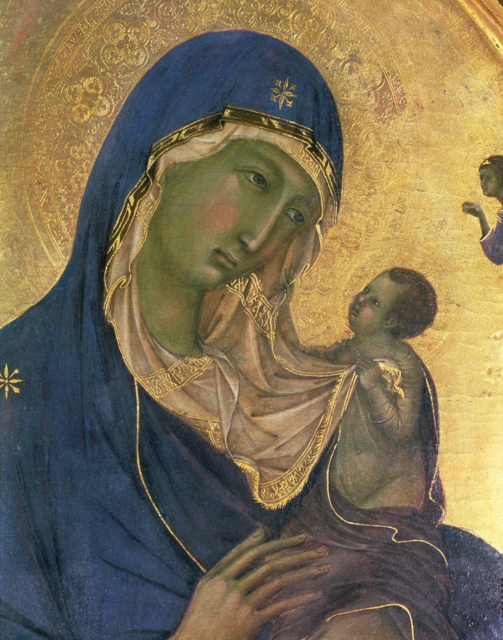 Madonna og barn med SS. Dominic og Aurea, detalje af Madonnaen og barnet, ca. 1315 (tempera på panel) (detaljer fra 28972) swed av Duccio di Buoninsegna