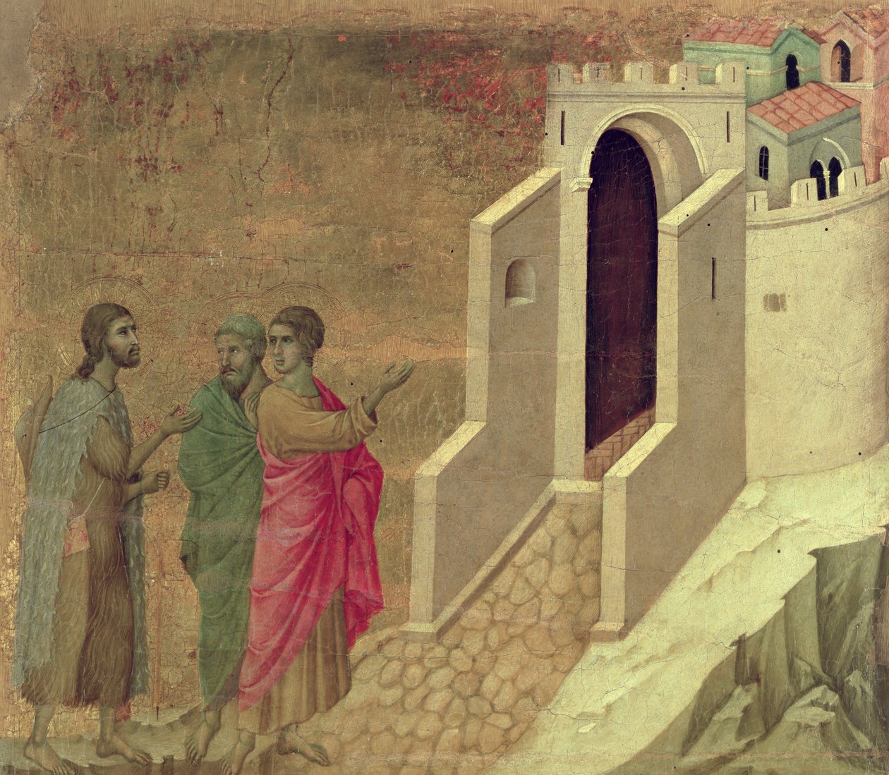 Maesta: Kristo Akitokea Barabarani kuelekea Emau, 1308-11swed av Duccio di Buoninsegna