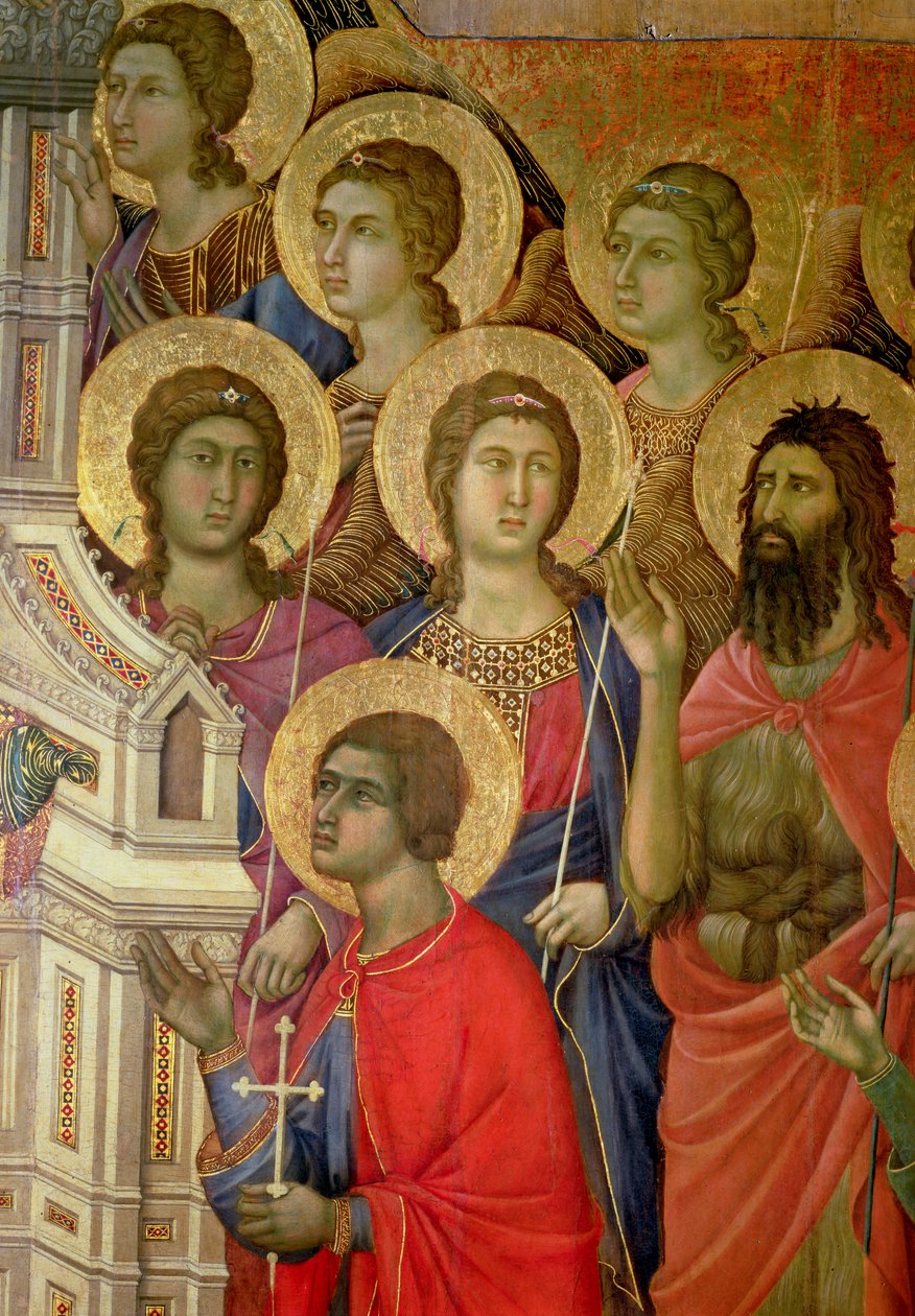 Maesta: Detalj av helgon, inklusive St. Johannes Döparen, 1308-11 av Duccio di Buoninsegna