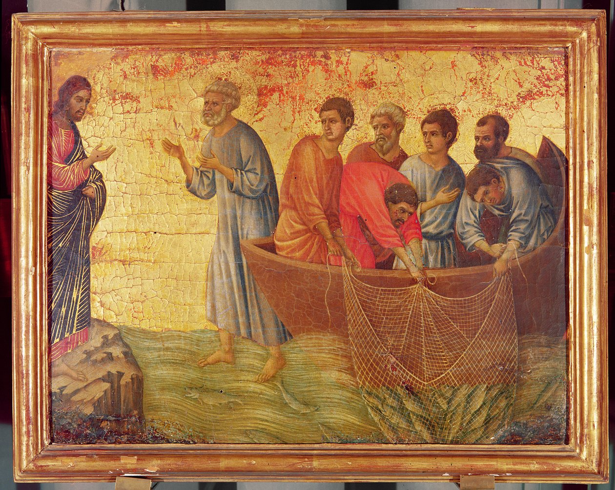 Uppenbarelsen på sjön Tiberiade, från berättelsen om Kristus efter uppståndelsen, baksidan av Maesta altartavla, färdig 1311 (tempera på panel) av Duccio di Buoninsegna