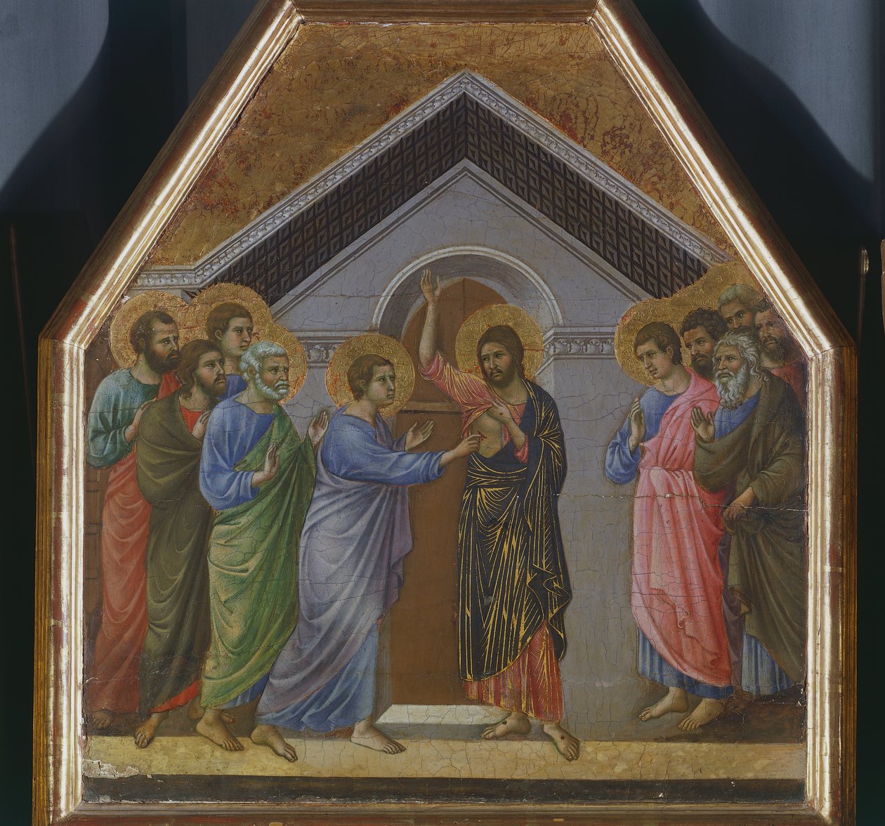 Altarpeice: The Incredulity of St Thomas, detalj av galningen från baksidan av Maesta