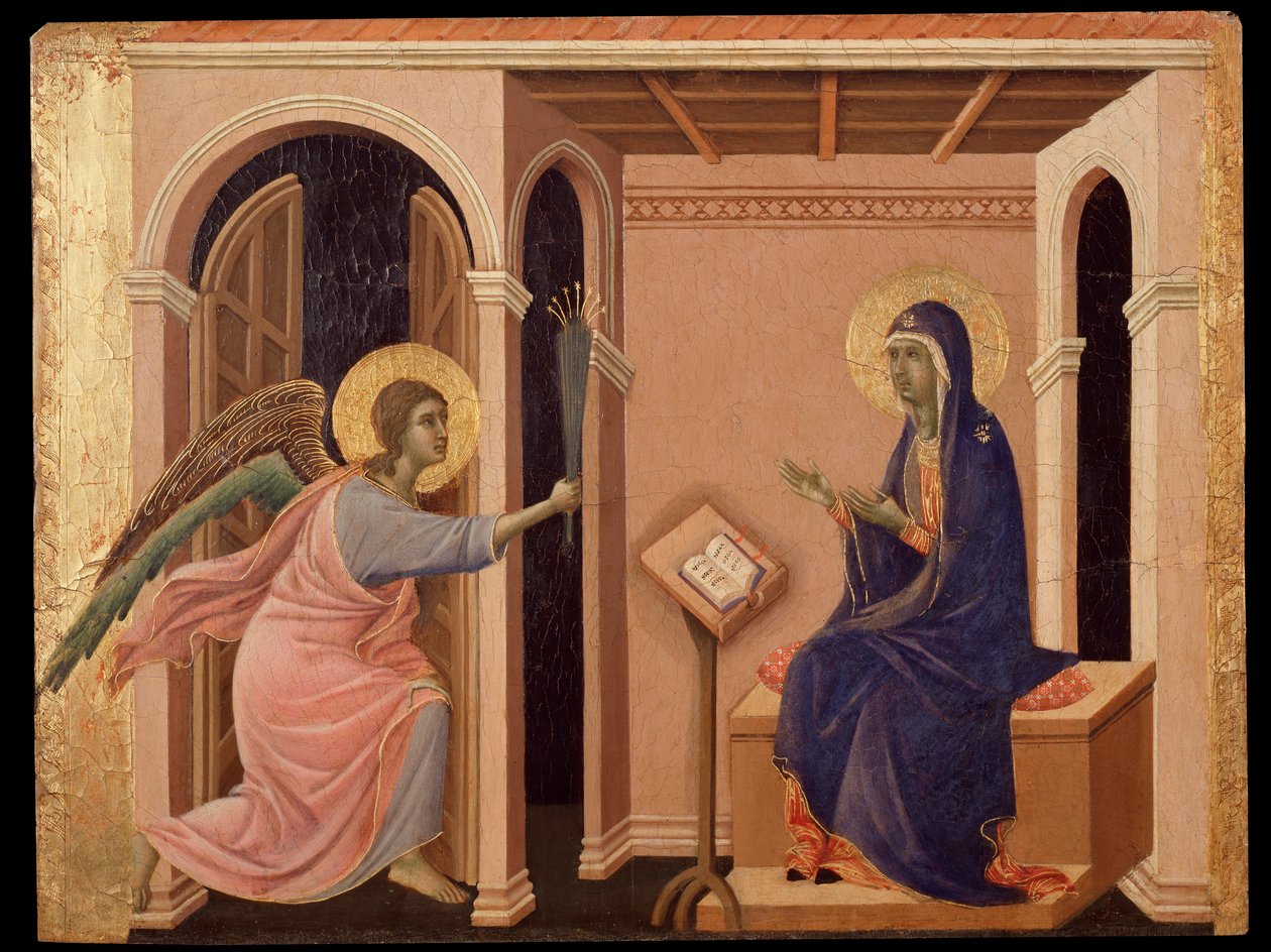 Kungörelse om Marias död. Predella of the Maesta (tempera på trä av Duccio di Buoninsegna