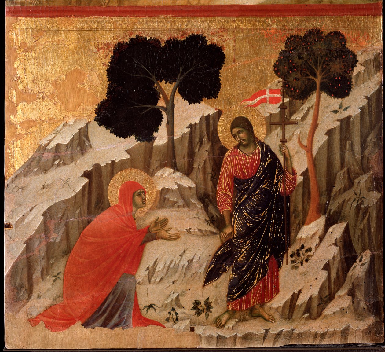 Jesu framträdande för Maria Magdalena efter uppståndelsen. Maesta altartavla (tempera och guld på trä av Duccio di Buoninsegna
