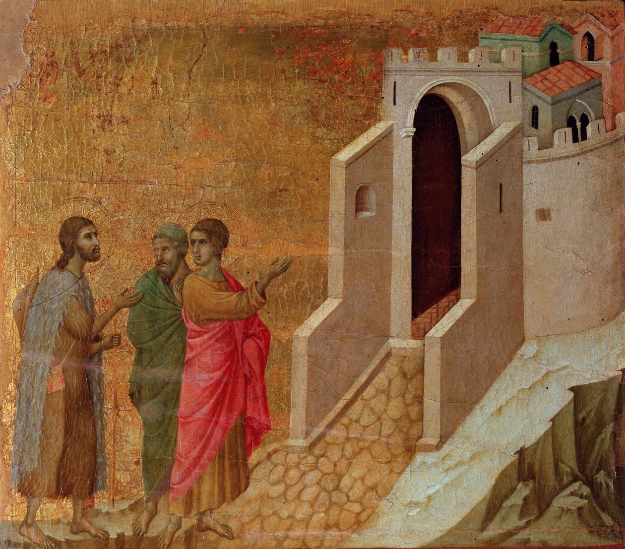 Kristus och pilgrimer vid portarna till Emmaus stad. Maesta altartavla (tempera och guld på trä av Duccio di Buoninsegna