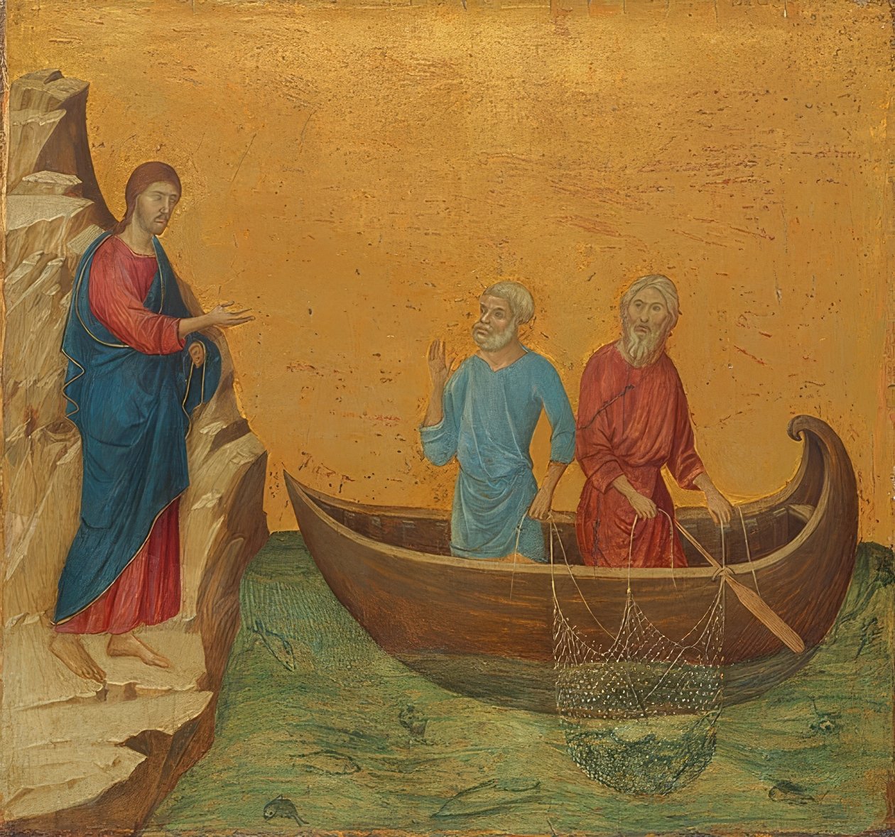 Den underbara fisketuren och kallelsen av apostlarna Petrus och Andreas. 1308-11 av Duccio di Buoninsegna
