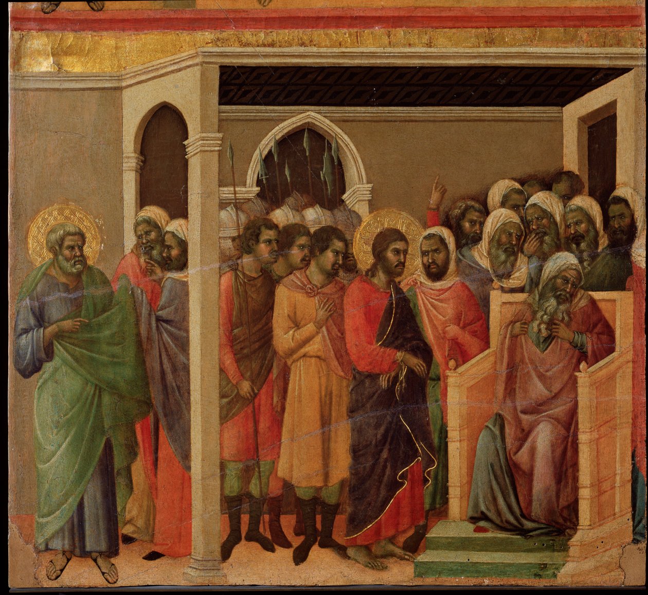 Jesus framför Kaifas. Maesta altartavla (tempera och guld på trä av Duccio di Buoninsegna