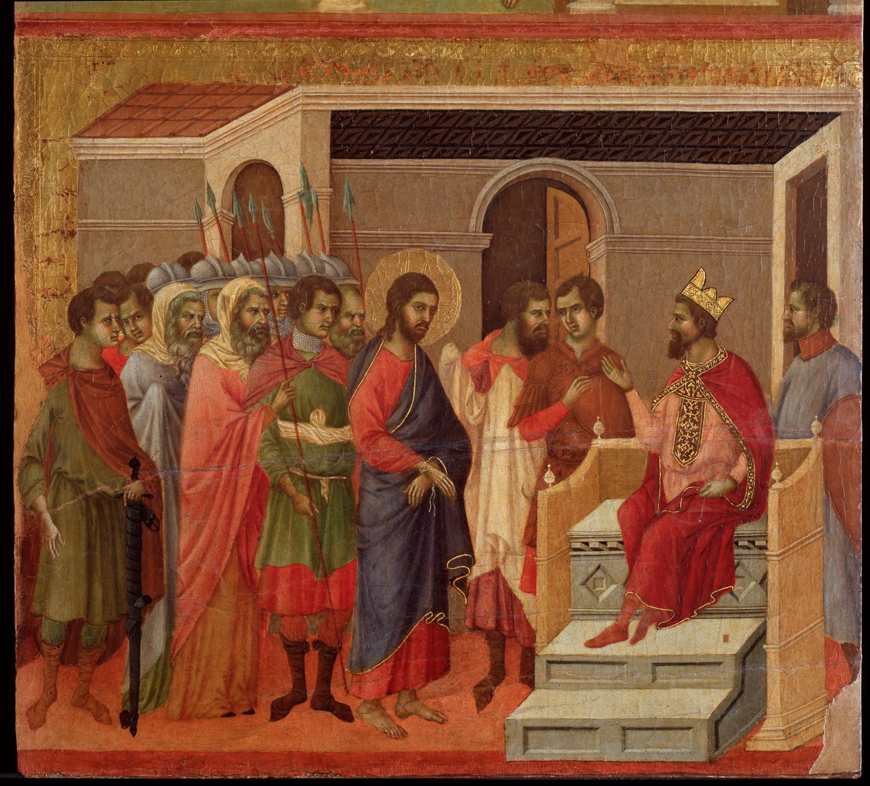 Jesus framför Herodes. Maesta altartavla (tempera och guld på trä av Duccio di Buoninsegna