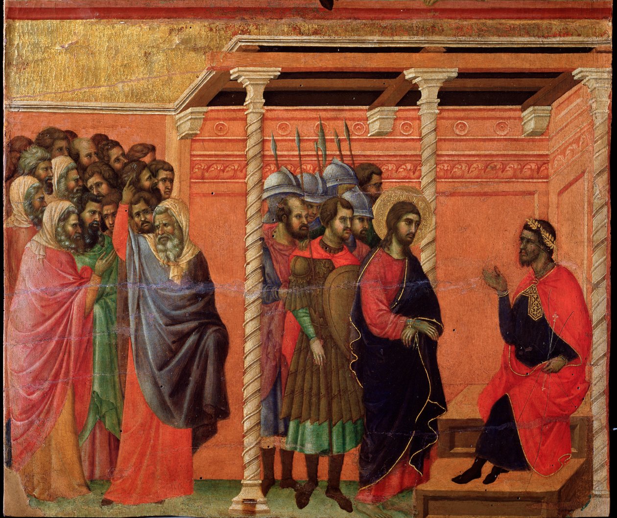 Jesus framför Pontius Pilatus. Maesta altartavla (tempera och guld på trä av Duccio di Buoninsegna