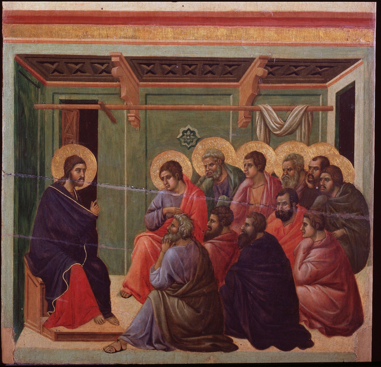 La Maesta Passionen: Jesus tar avsked av apostlarna - Målning av Duccio Di Buoninsegna av Duccio di Buoninsegna