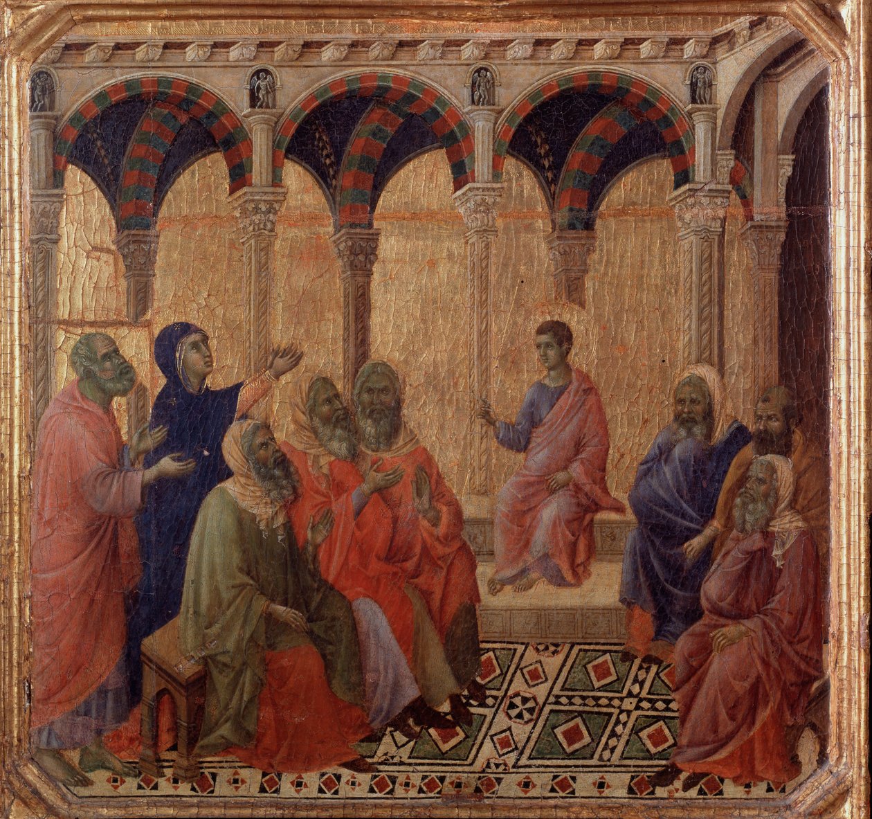 Jesu liv: dispyten med läkarna (detalj av Maesta) (Målning av Duccio di Buoninsegna