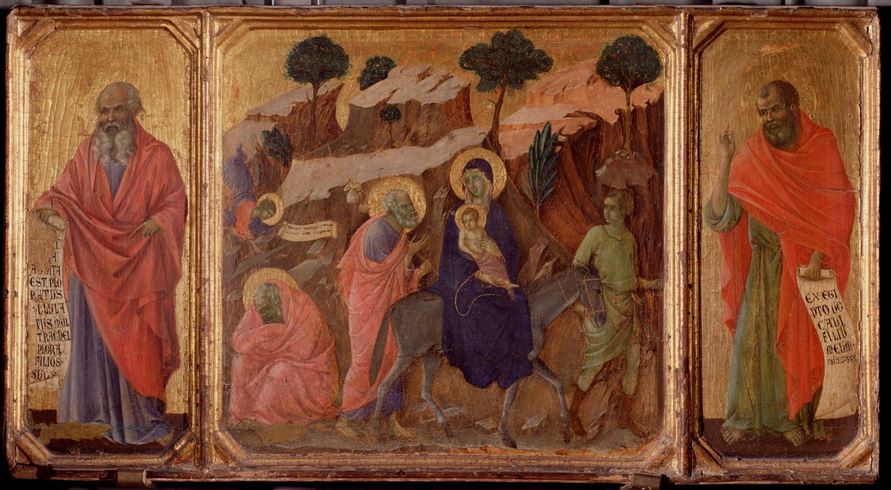 Life of the Christ: Flyg till Egypten med profeterna Jeremia och Hosea. Predella of the Maesta (tempera på trä av Duccio di Buoninsegna