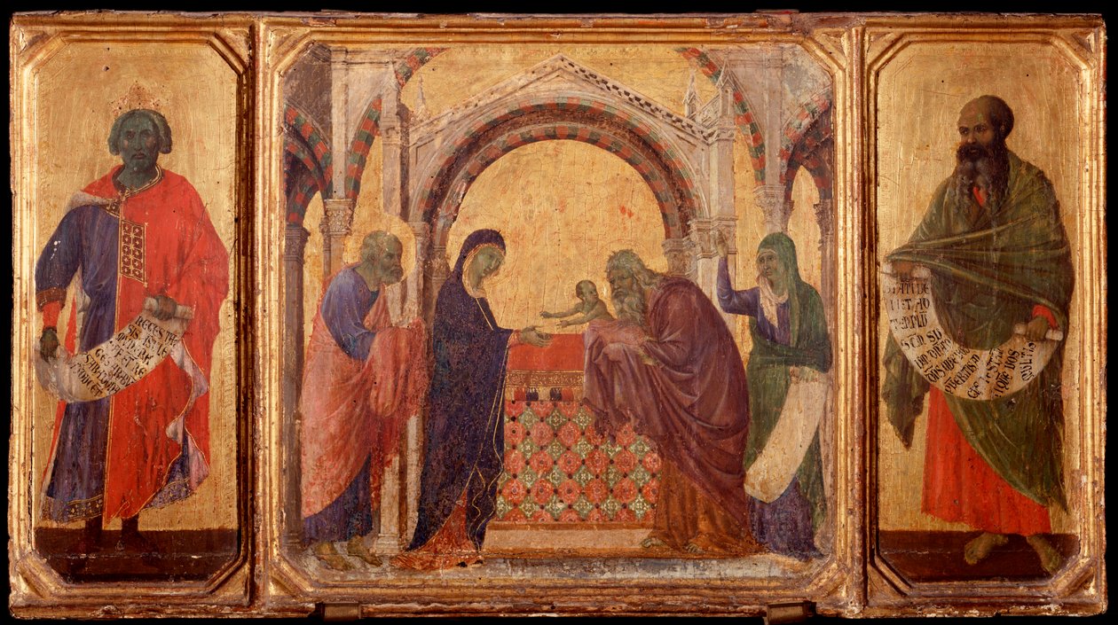 Kristi liv: Kung Salomo, presentationen i templet, Malaki. Predellla av La Maesta (tempera på trä av Duccio di Buoninsegna
