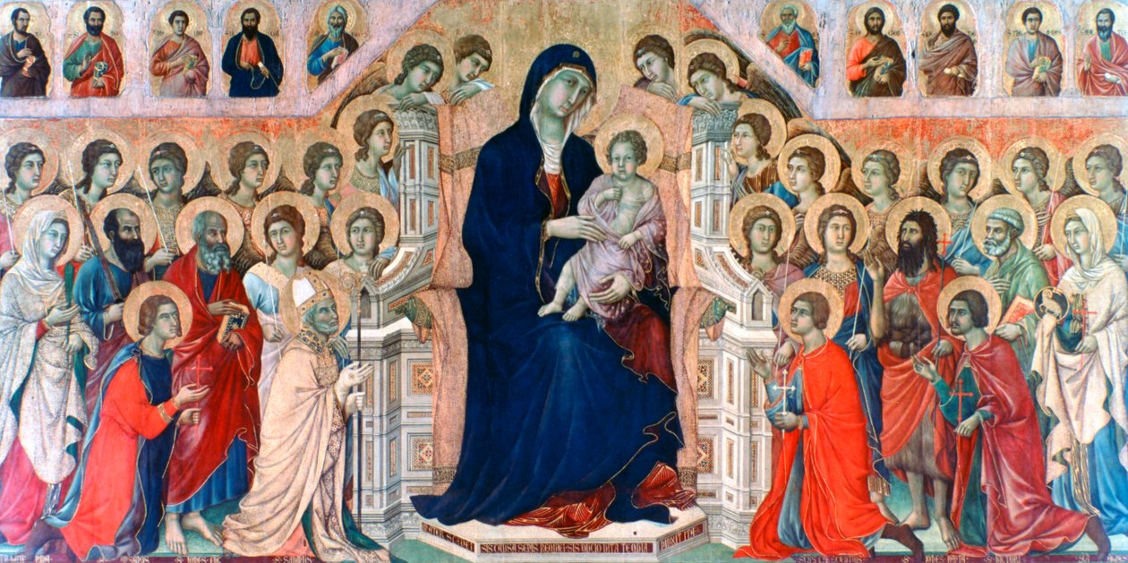 Maestà, Madonna med änglar och heliga, 1308-1311 av Duccio di Buoninsegna