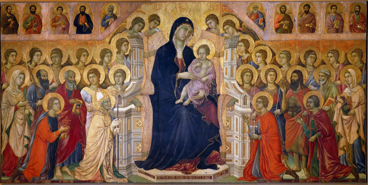 Maesta Madonna har barnet på tronen vördat av helgon och änglar. Central panel. Fresk av Duccio di Buoninsegna (1255-1319) av Duccio di Buoninsegna