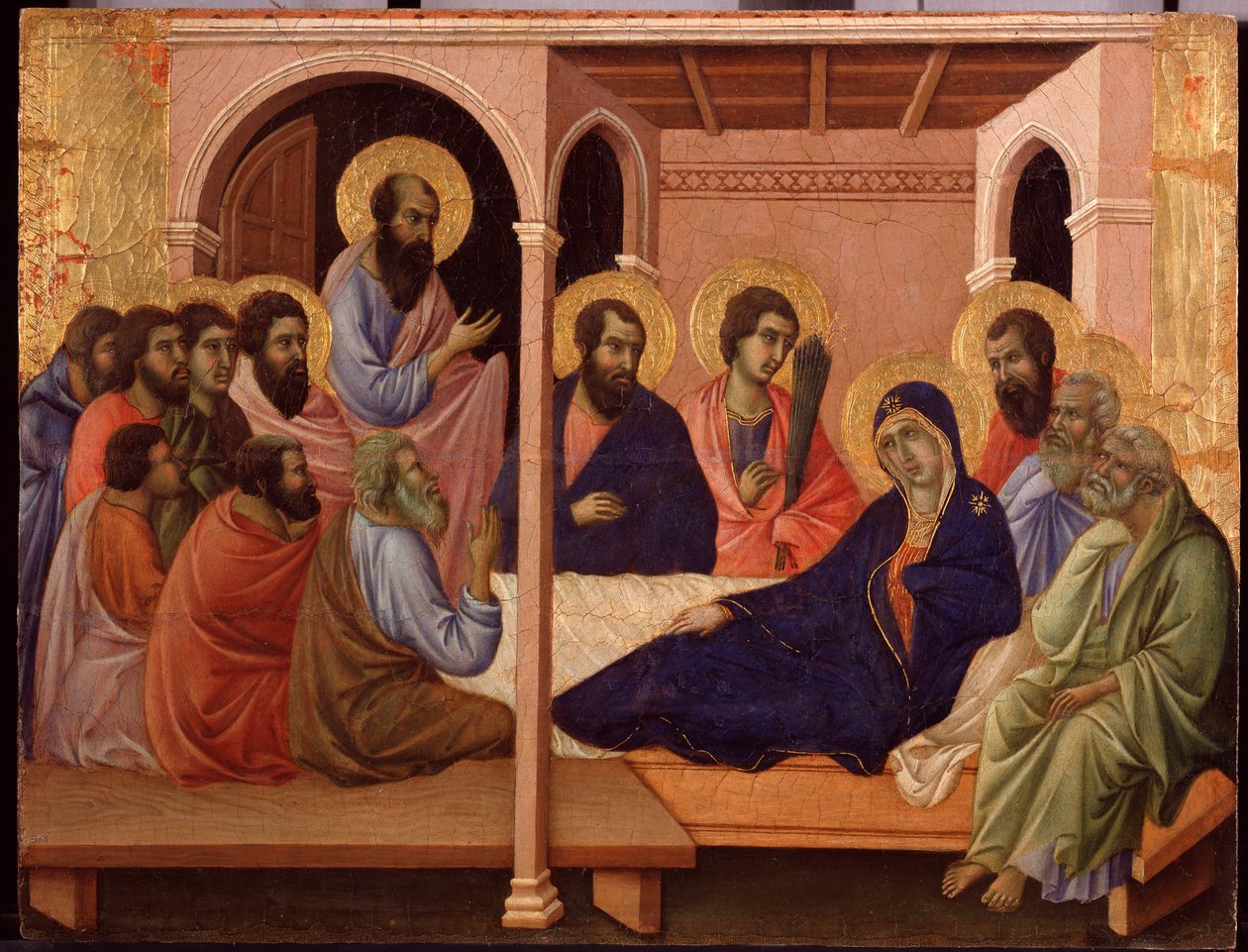 Maria lämnar apostlarna. Predella av La Maesta (tempera på trä av Duccio di Buoninsegna