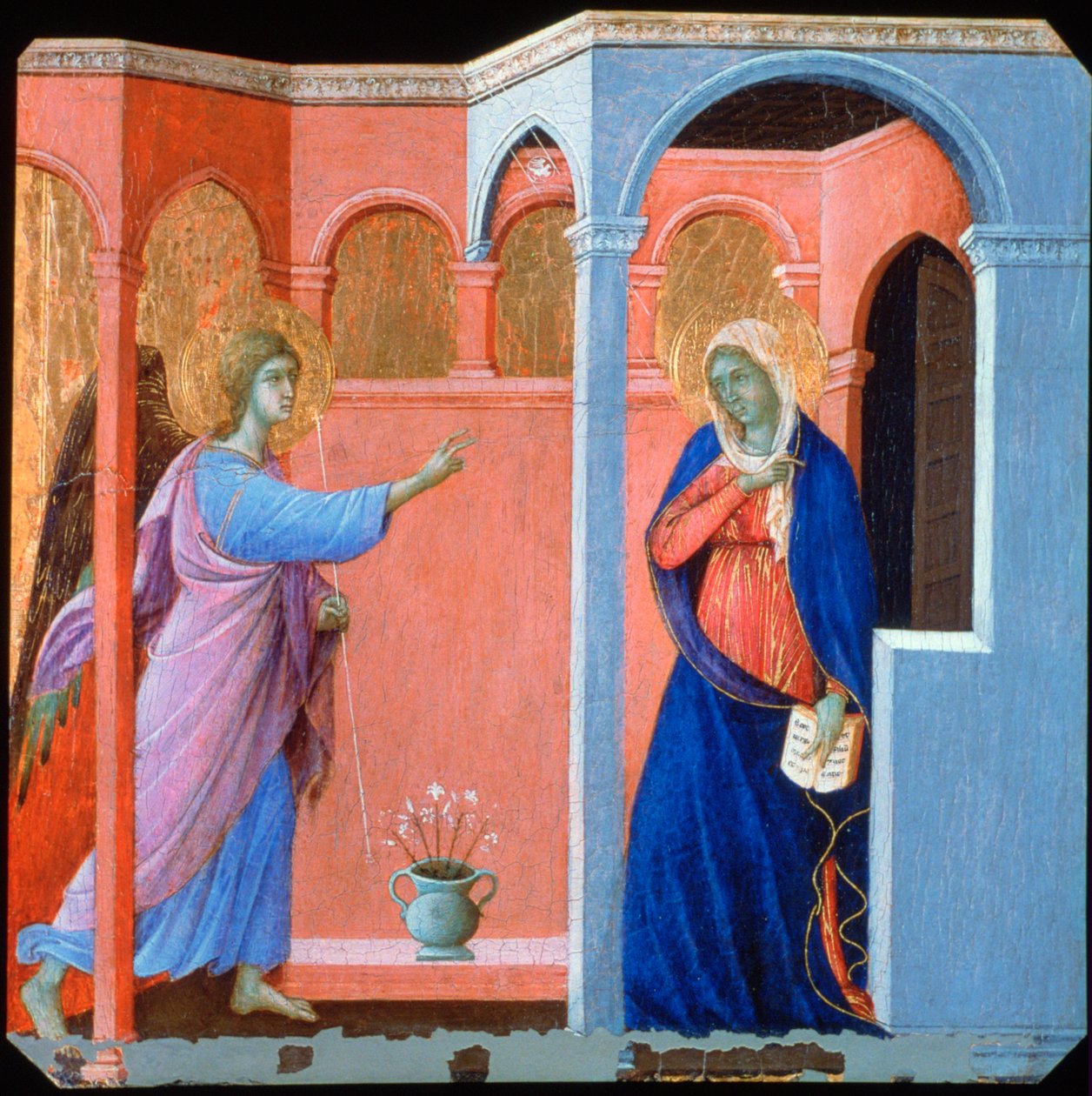 Panel från Maestà-altartavlan: Annunciationen, 1311 av Duccio di Buoninsegna