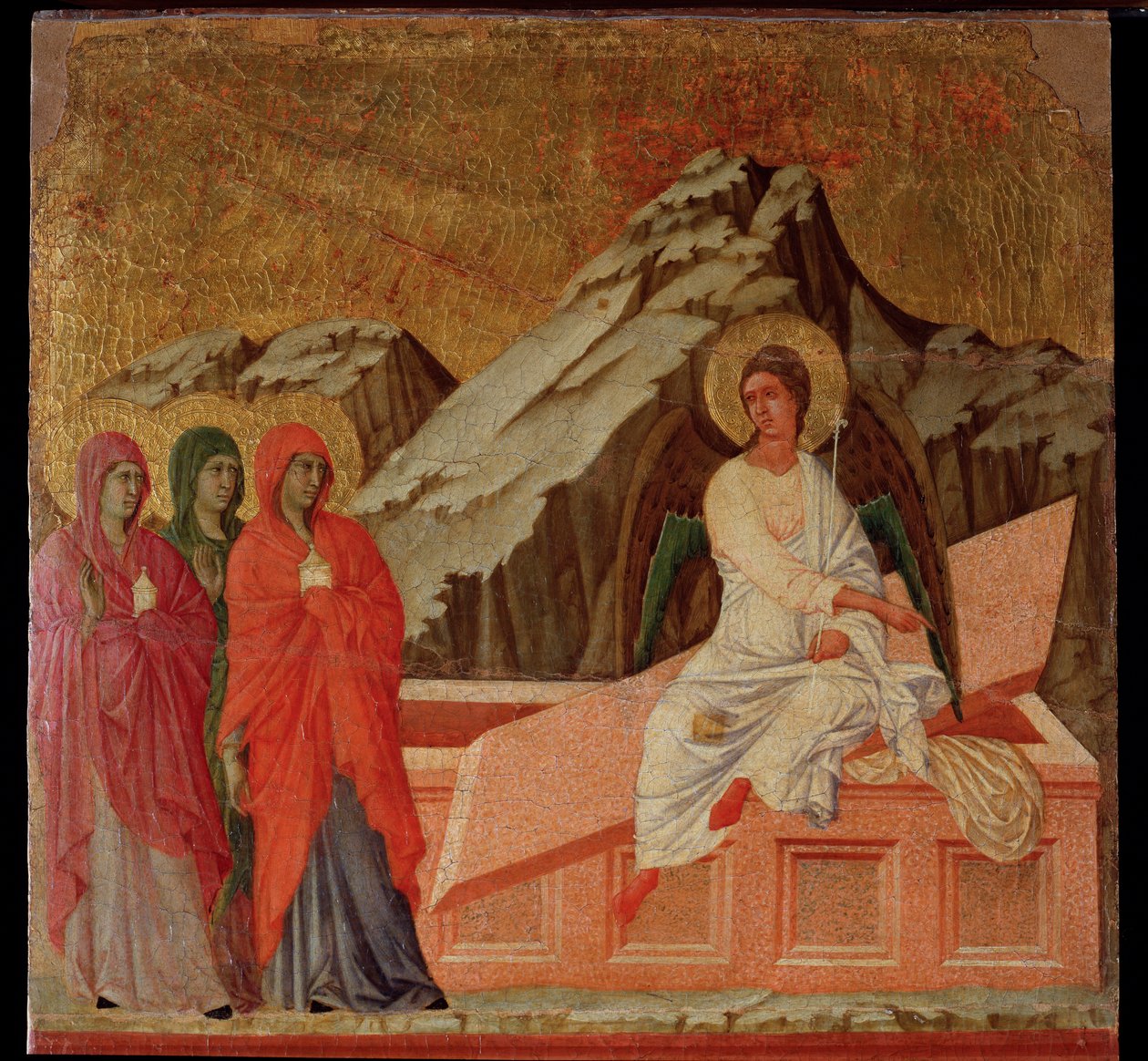 Passion: Marie vid graven. Maesta altartavla (tempera och guld på trä av Duccio di Buoninsegna