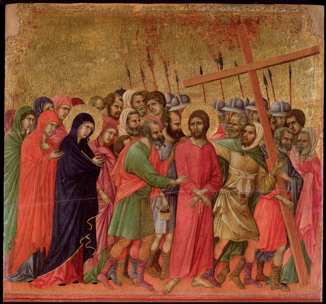 Passion: uppstigningen till Golgata. Maesta altartavla (tempera och guld på trä av Duccio di Buoninsegna