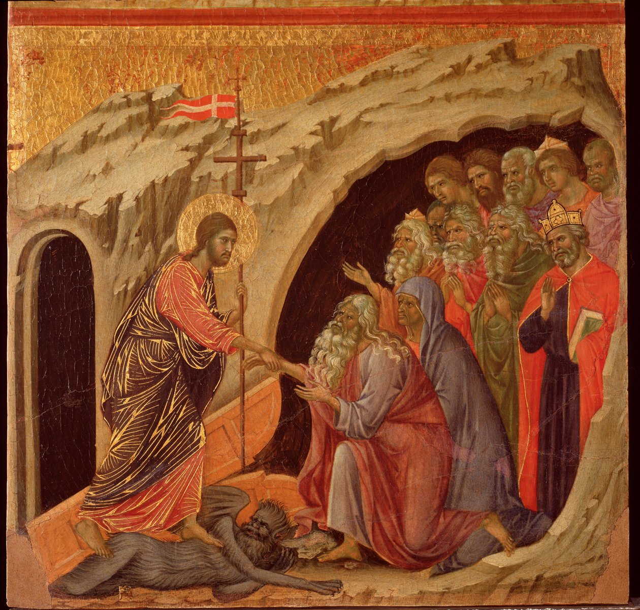 Passion: nedstigningen till limbo. Maesta altartavla (tempera och guld på trä av Duccio di Buoninsegna