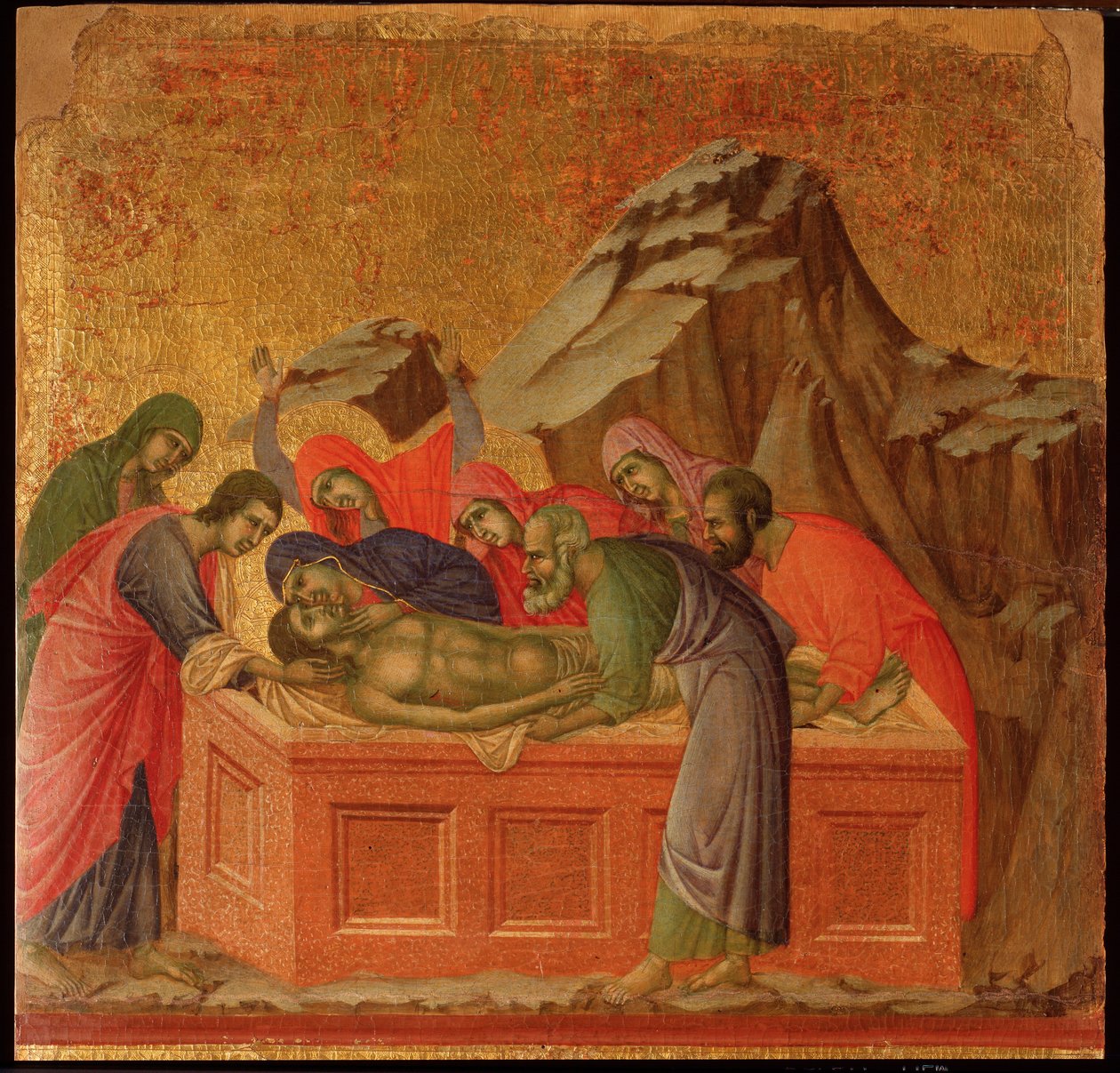 Passion: gravläggningen. Maesta altartavla (tempera och guld på trä av Duccio di Buoninsegna
