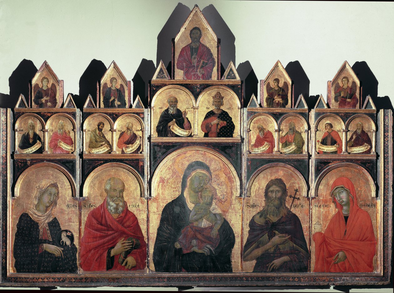 Polyptyk nr 47 - St Agnese, St John, jungfru med barn, St John the Baptist och St Mary Magdalena - tempera på panel av Duccio di Buoninsegna