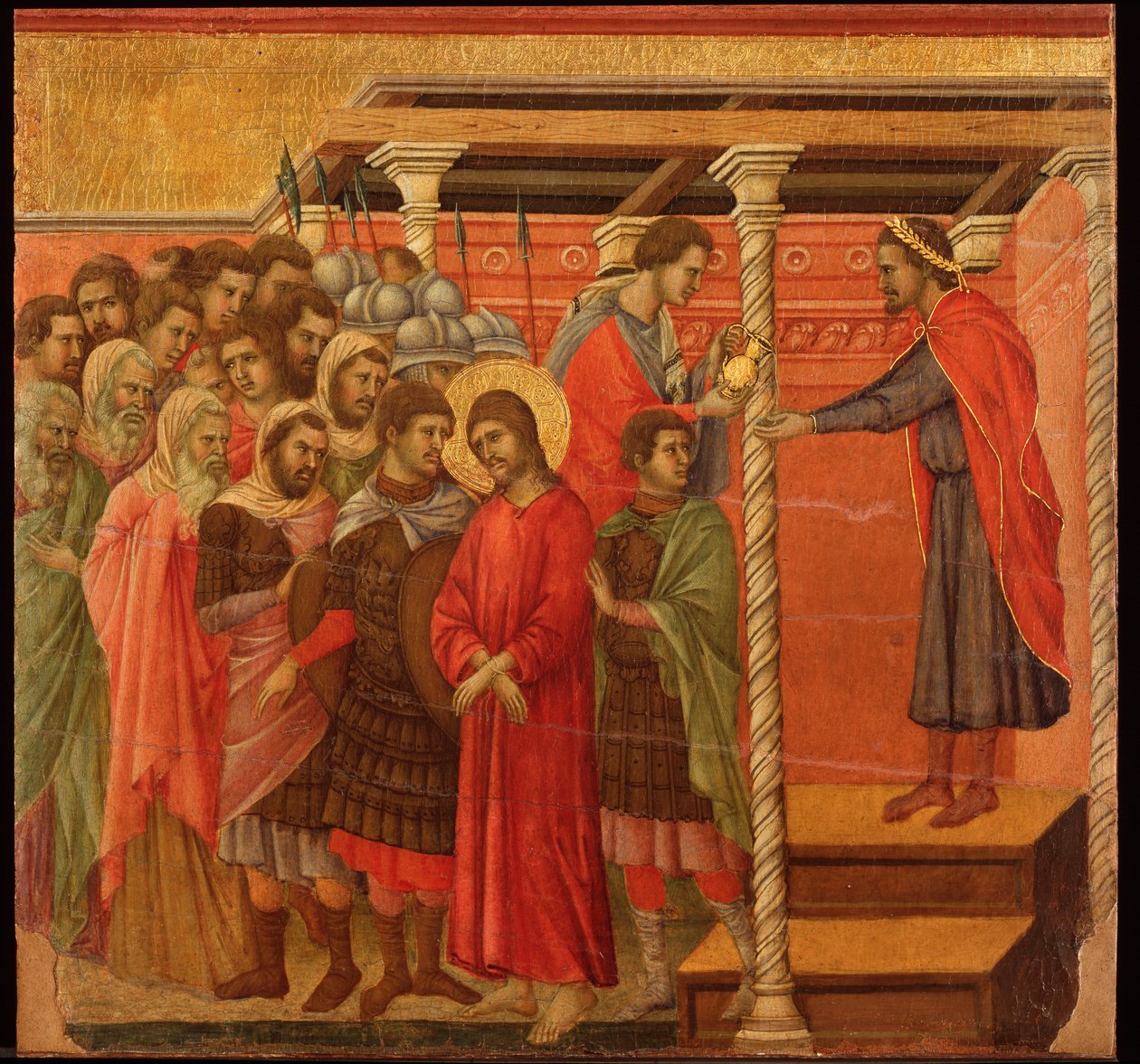 Pontius Pilatus tvättar sina händer. Maesta altartavla (tempera och guld på trä av Duccio di Buoninsegna