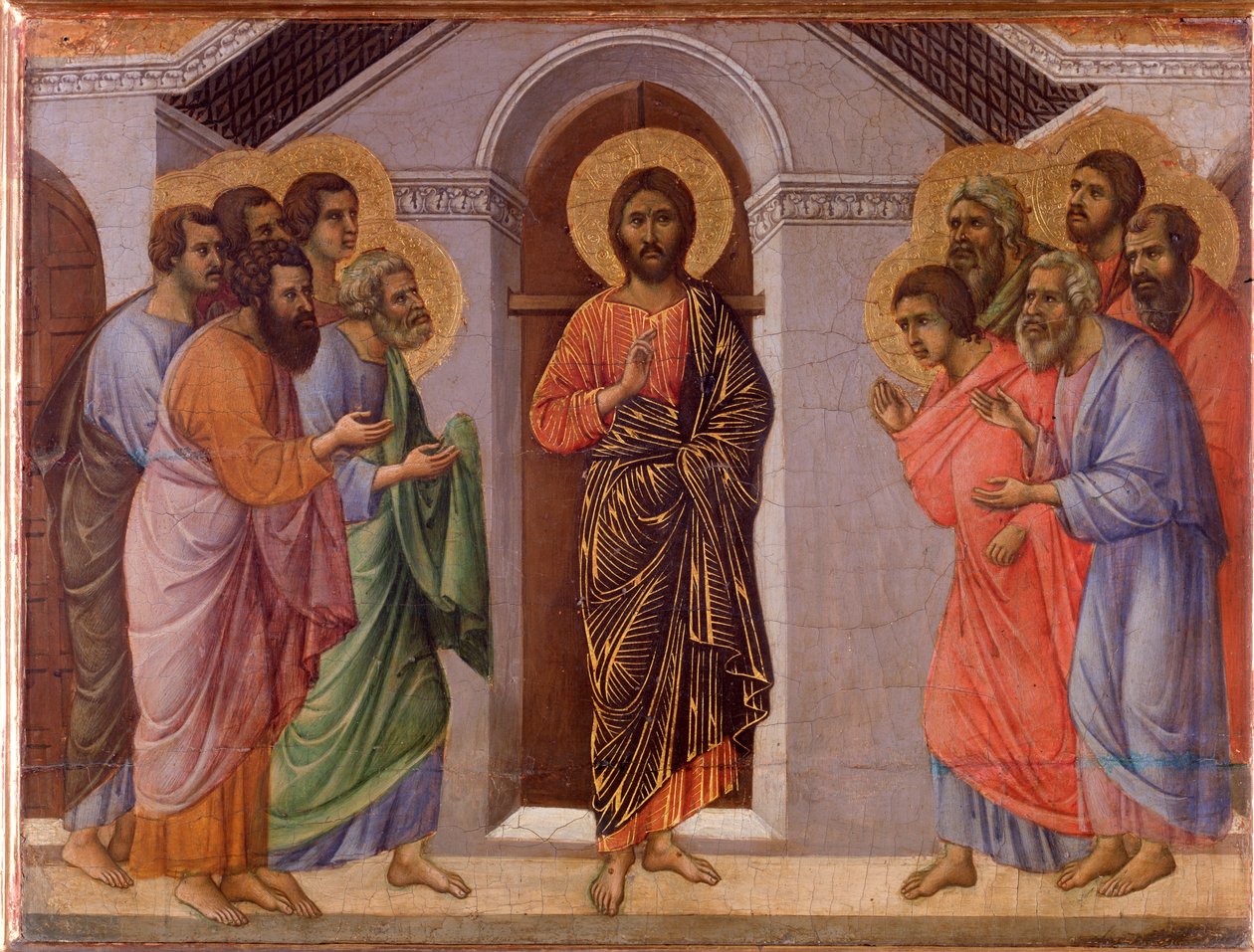 Den uppståndne Jesus visar sig för apostlarna. Maesta altartavla (tempera och guld på trä av Duccio di Buoninsegna