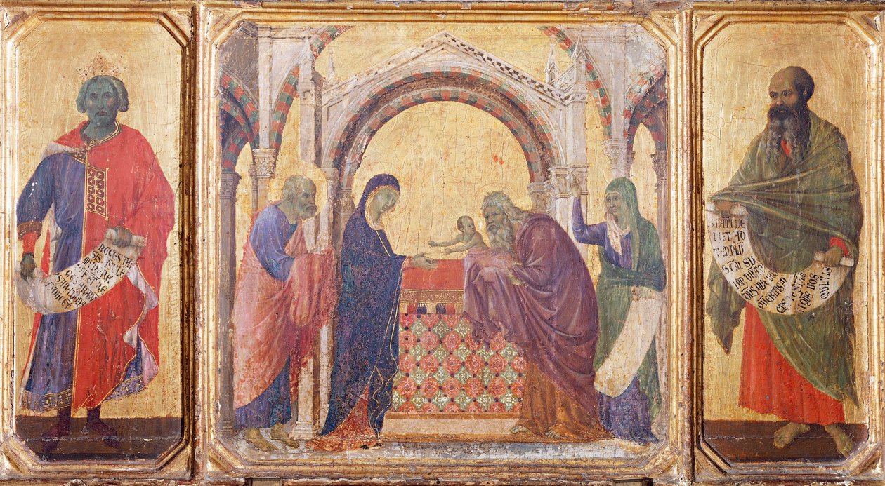 Salomo, presentation vid templet och profeten Malachi, detalj från predella av Maesta