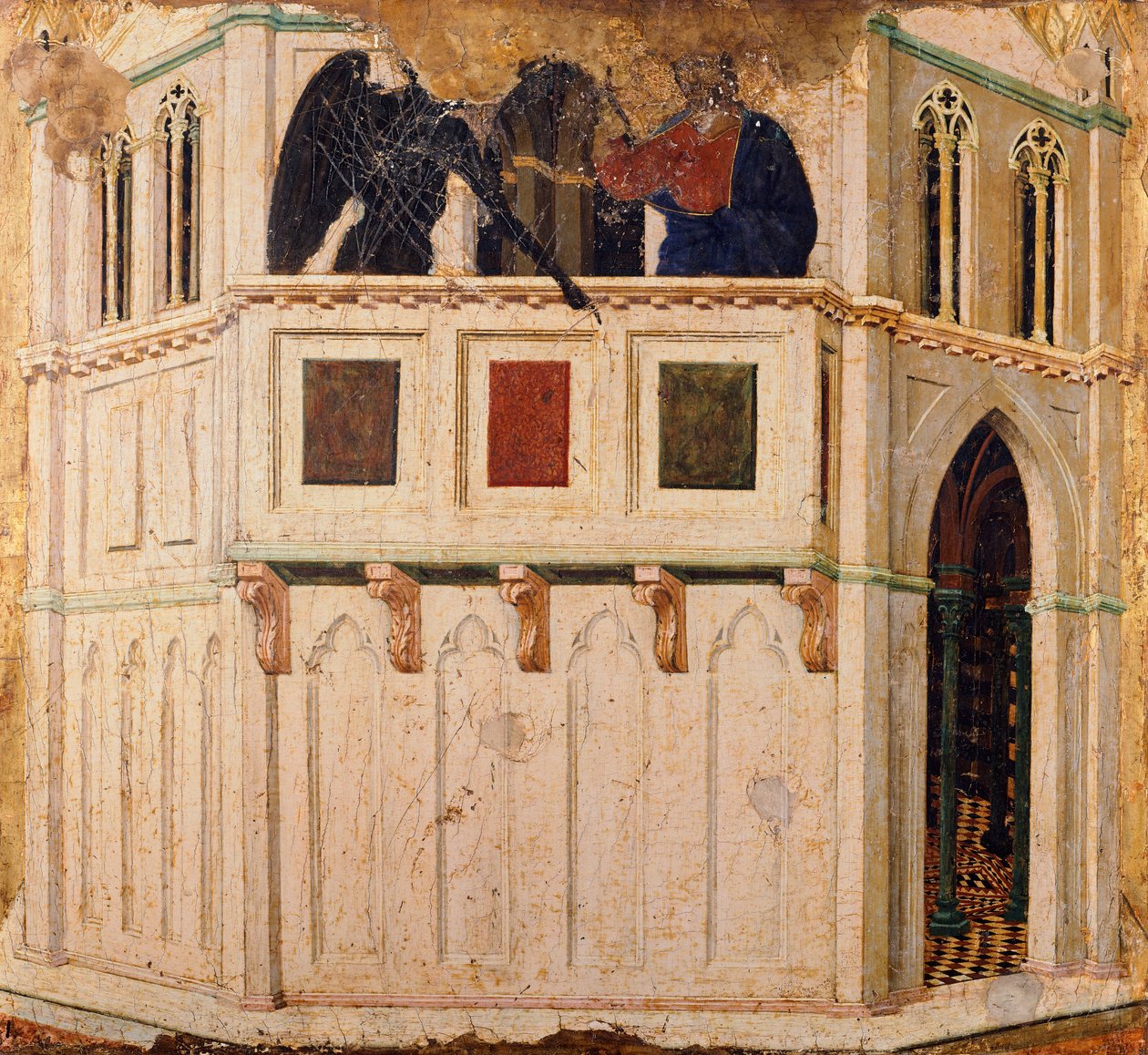Frestelse på templet, detalj från predella av Maesta