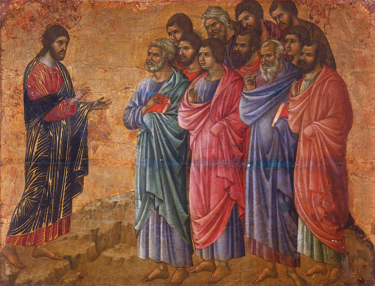 The Appearance of Christ on Mountain in Galilee, detalj från avsnitt från Kristi passion och uppståndelse, baksidan av Maesta