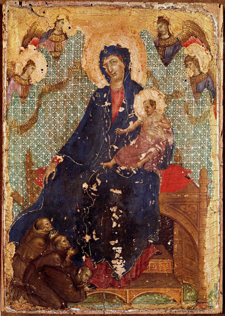 Franciskanernas Madonna eller "" Madonna får barn med franciskanermunkar och änglar"" Detrempe på trä av Duccio di Buoninsegna (1255-1318/9) 1300 Dim. 23,5x16 cm Siena, Pinacoteca nazionale av Duccio di Buoninsegna