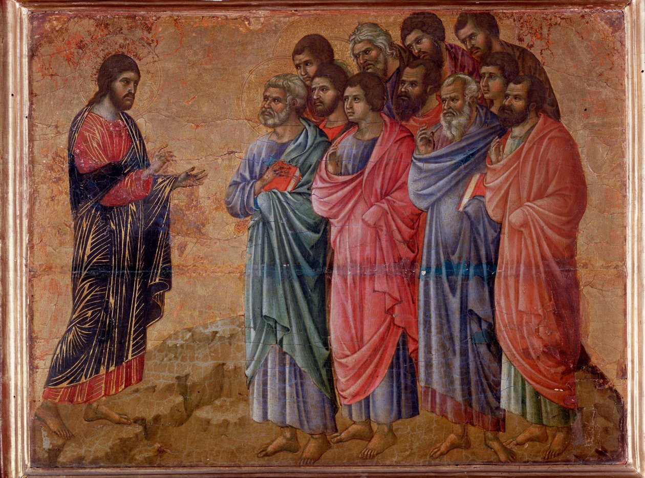 Den uppståndne Kristus framträdande i bergen i Galileen. Maesta altartavla (tempera och guld på trä av Duccio di Buoninsegna