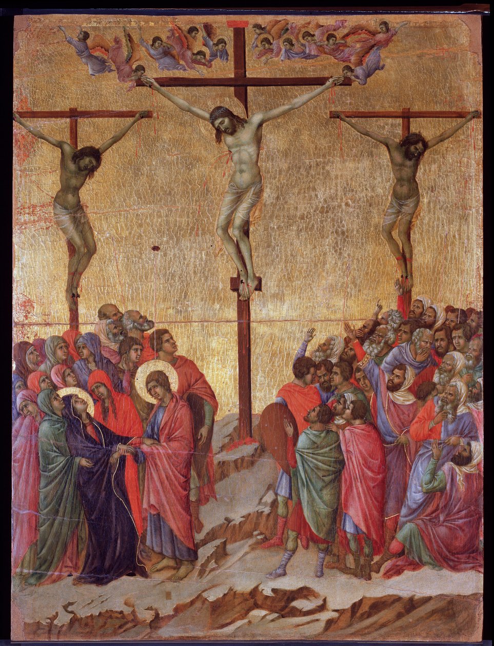 Korsfästelsen. På sidorna, den gode tjuven (Dismas) och den obotfärdiga tjuven (Gestas). Maesta altartavla (tempera och guld på trä av Duccio di Buoninsegna